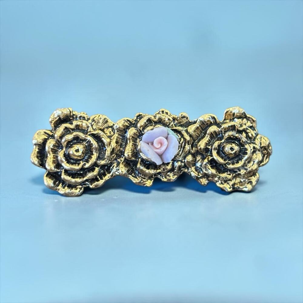 Golden Rose Trio Brooch Pink Lavender Flower Romantic Vintage Bar Pin